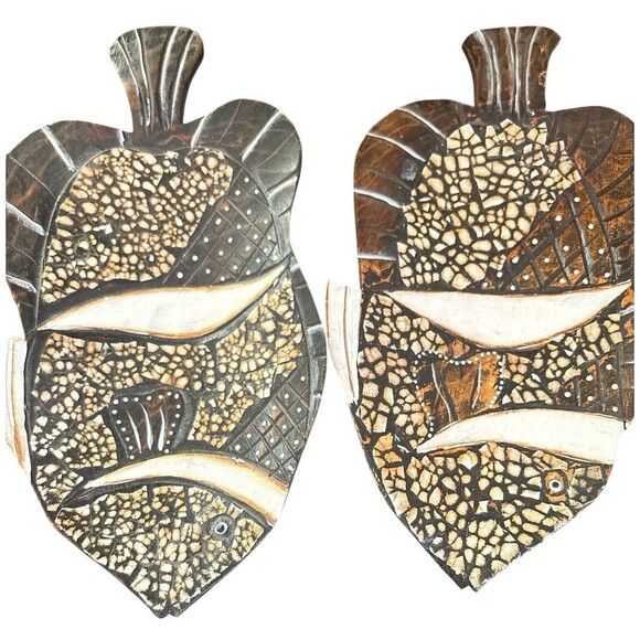 Natural Wood Fish Shaped Tray Hand Made Carved & Inlayed Folk Art 10.5” Set Of 2 - Picture 2 of 7
